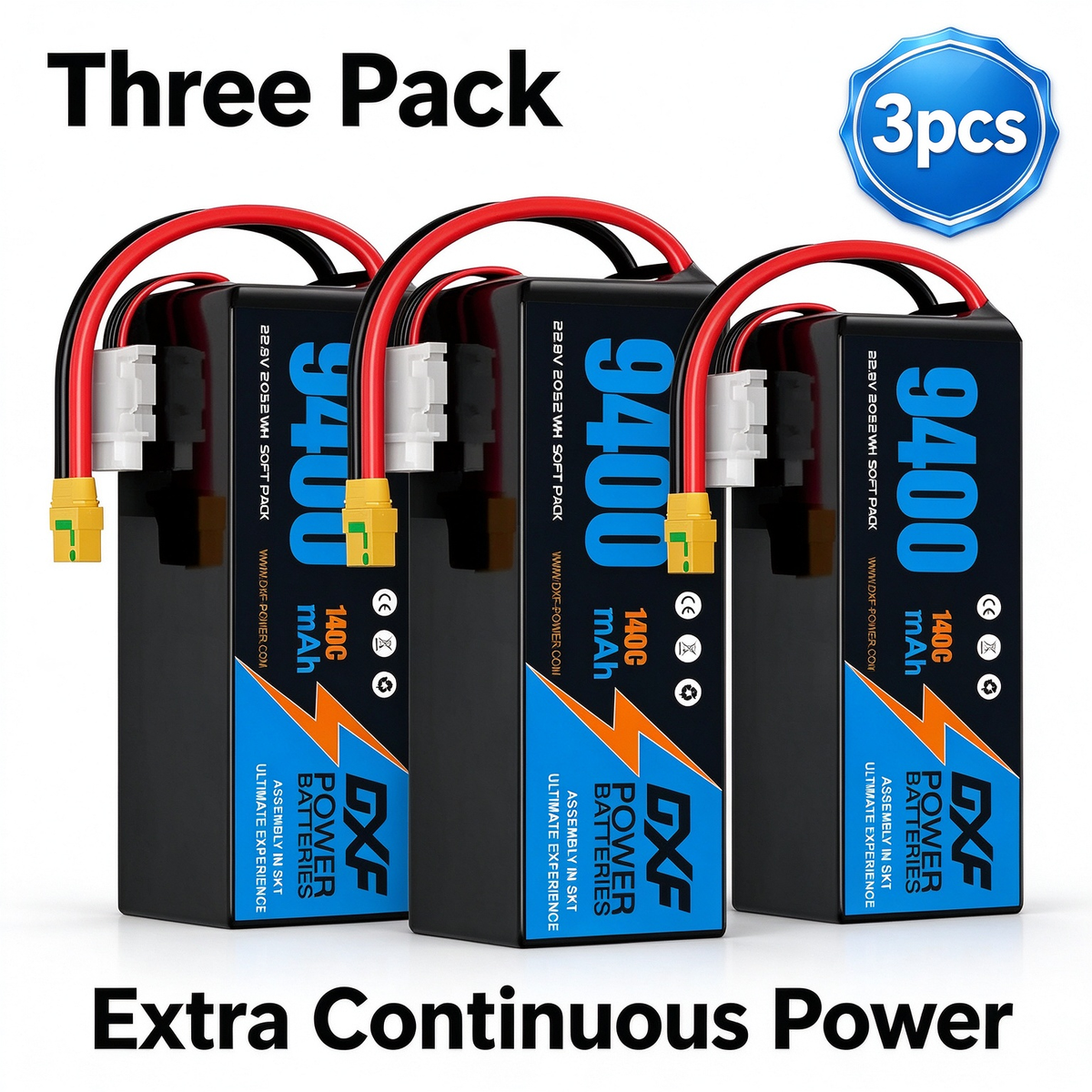 DXF 6S 22.8V 9400mAh 100C Soft Case LiPo Battery with 10AWG Wire for Toy Cars, Boats, UAVs & Drones (1-6 Pack)