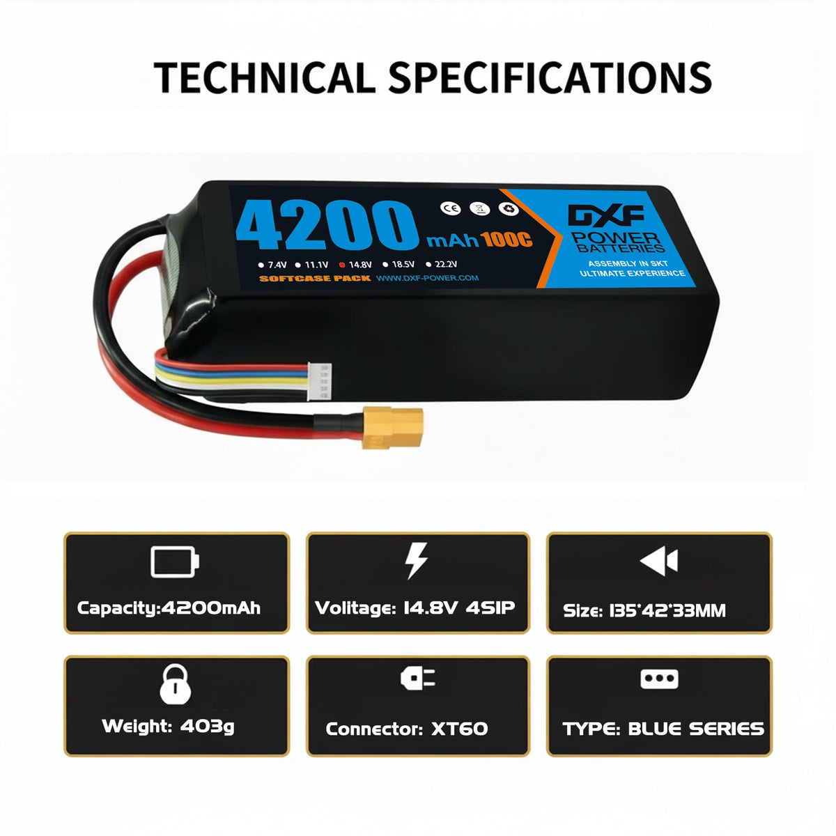 DXF 4S 14.8V 4200mAh 100C Graphene Soft Case LiPo Battery with XT60 Plug for Drones, Airplanes, Boats & RC Cars (2, 4, 6 Pack Available)