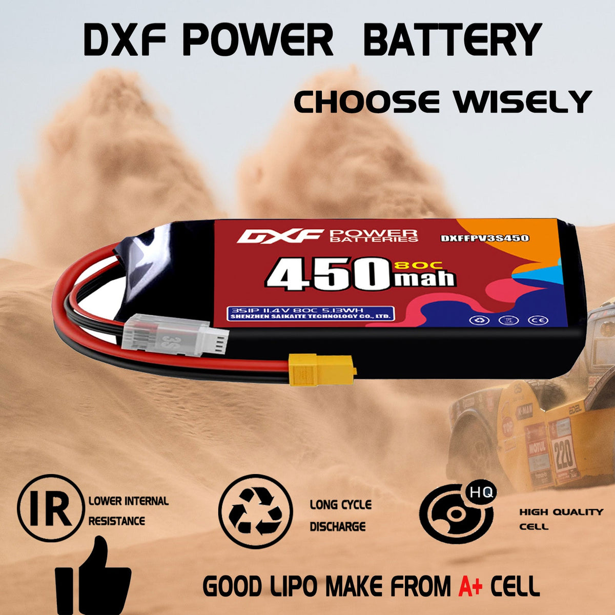 DXF LiPo Battery 3S HV 11.4V 450mAh 80C with PH2.0 / JST / XT30 / SM / XT60 / EC5 / XT90 for FPV Drone Whoop Micro Racing