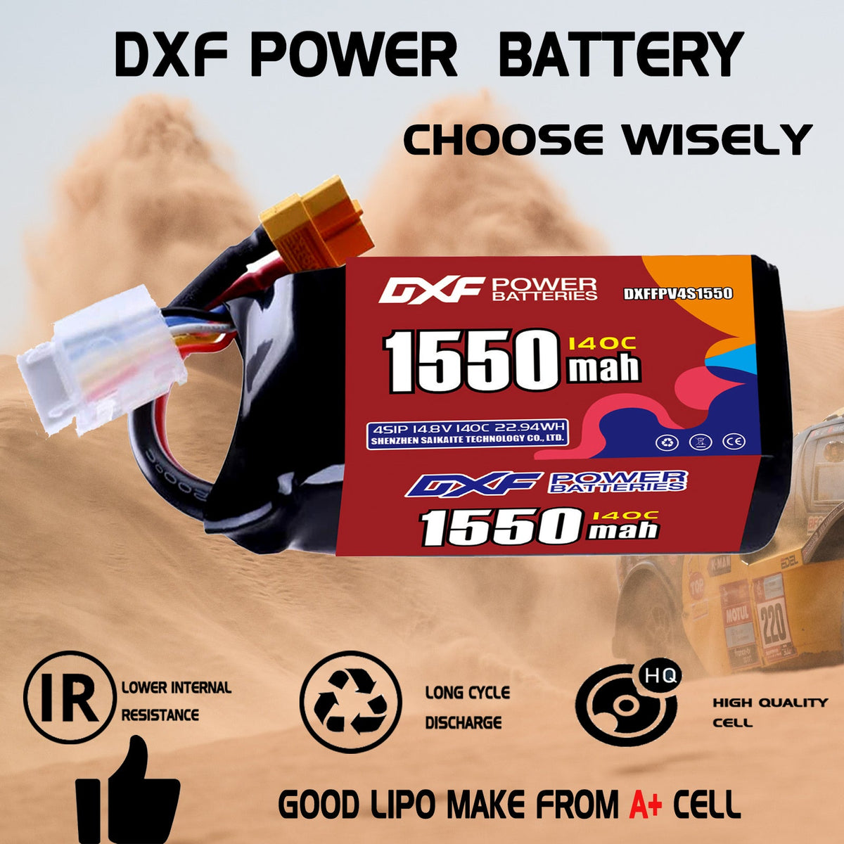 DXF 4S 14.8V 1550mAh 140C LiPo Battery for FPV Micro Drones (PH2.0 / JST / XT30 / SM / XT60 / EC5 / XT90 Options)