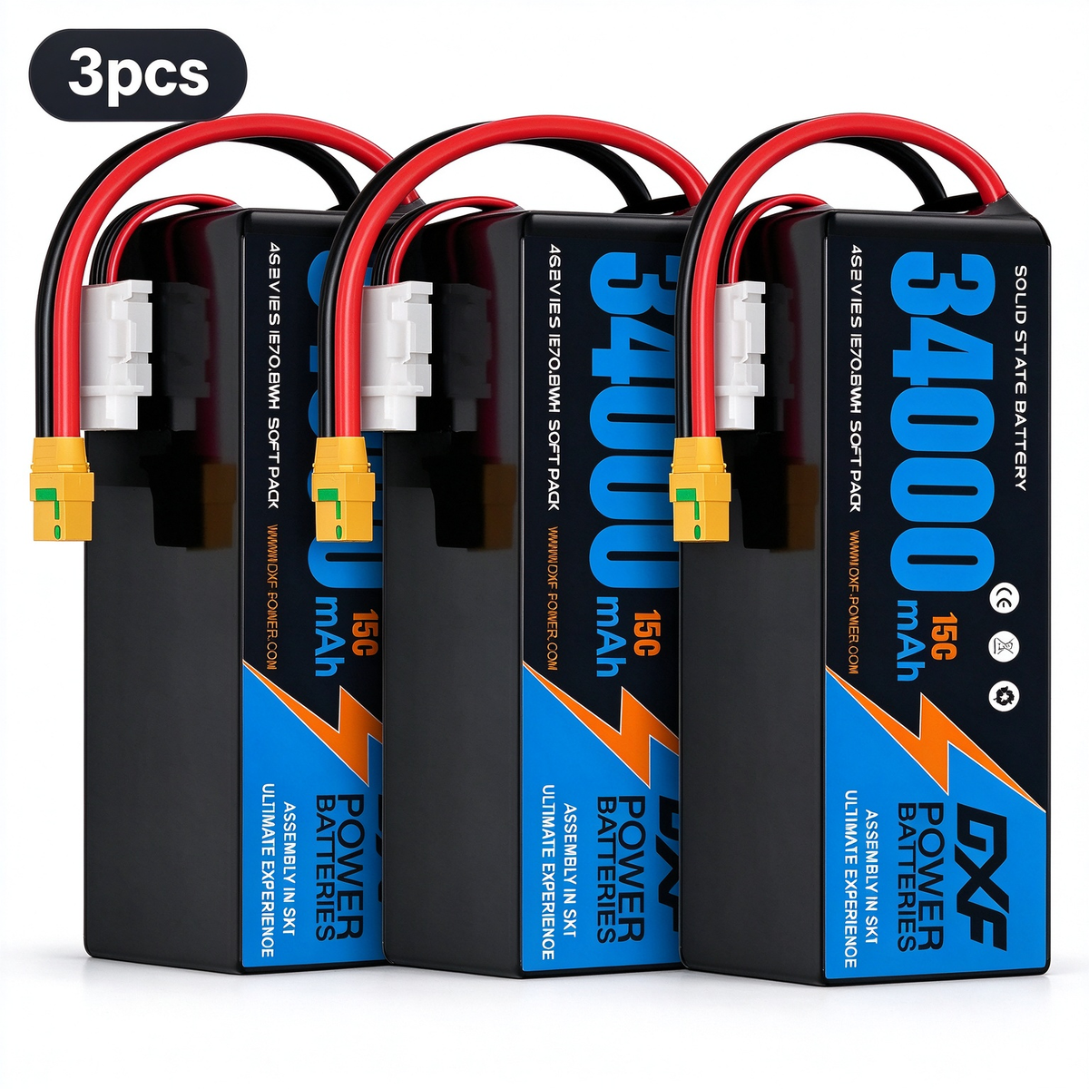 DXF SEMI-SOLID 12S 46.2V 34000mAh 15C Soft Case LiPo Battery with 8AWG Wire for Toy Cars, Boats, UAVs & Drones (1-6 Pack)