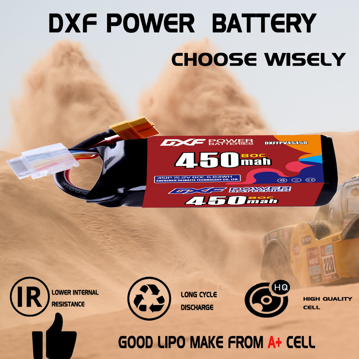DXF LiPo Battery 4S HV 15.2V 450mAh 80C with PH2.0 / JST / XT30 / SM / XT60 / EC5 / XT90 for FPV Drone Whoop Micro Racing