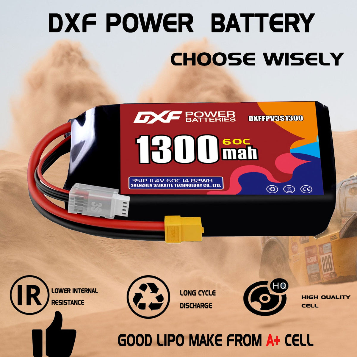 DXF LiPo Battery 3S HV 11.4V 1300mAh 60C with PH2.0 / JST / XT30 / SM / XT60 / EC5 / XT90 for FPV Drone Whoop Micro Racing