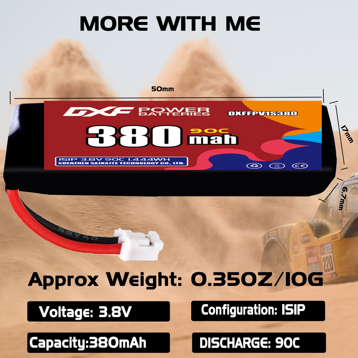 DXF 1S 3.8V 380mAh 90C LiPo Battery for FPV Micro Drones (PH2.0 / JST / XT30 / SM / XT60 / EC5 / XT90 Options)