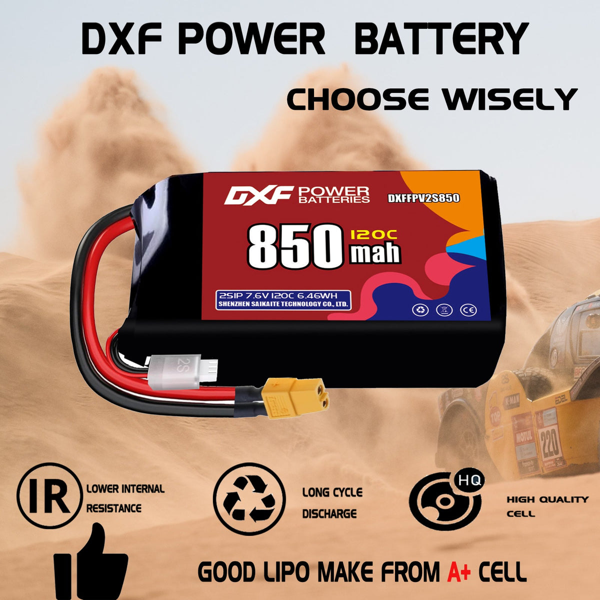 DXF 2S 7.6V 850mAh 120C LiPo Battery for FPV Micro Drones (PH2.0 / JST / XT30 / SM / XT60 / EC5 / XT90 Options)