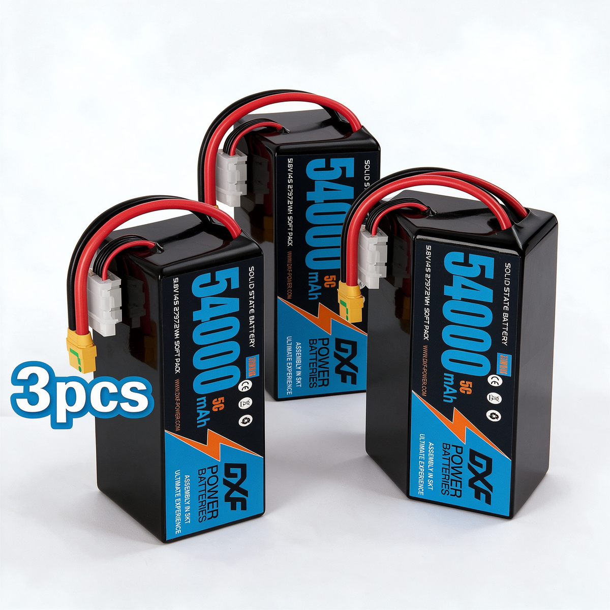 DXF SEMI-SOLID 14S 51.8V 54000mAh 5C Soft Case LiPo Battery with 8AWG Wire for Toy Cars, Boats, UAVs & Drones (1-6 Pack)