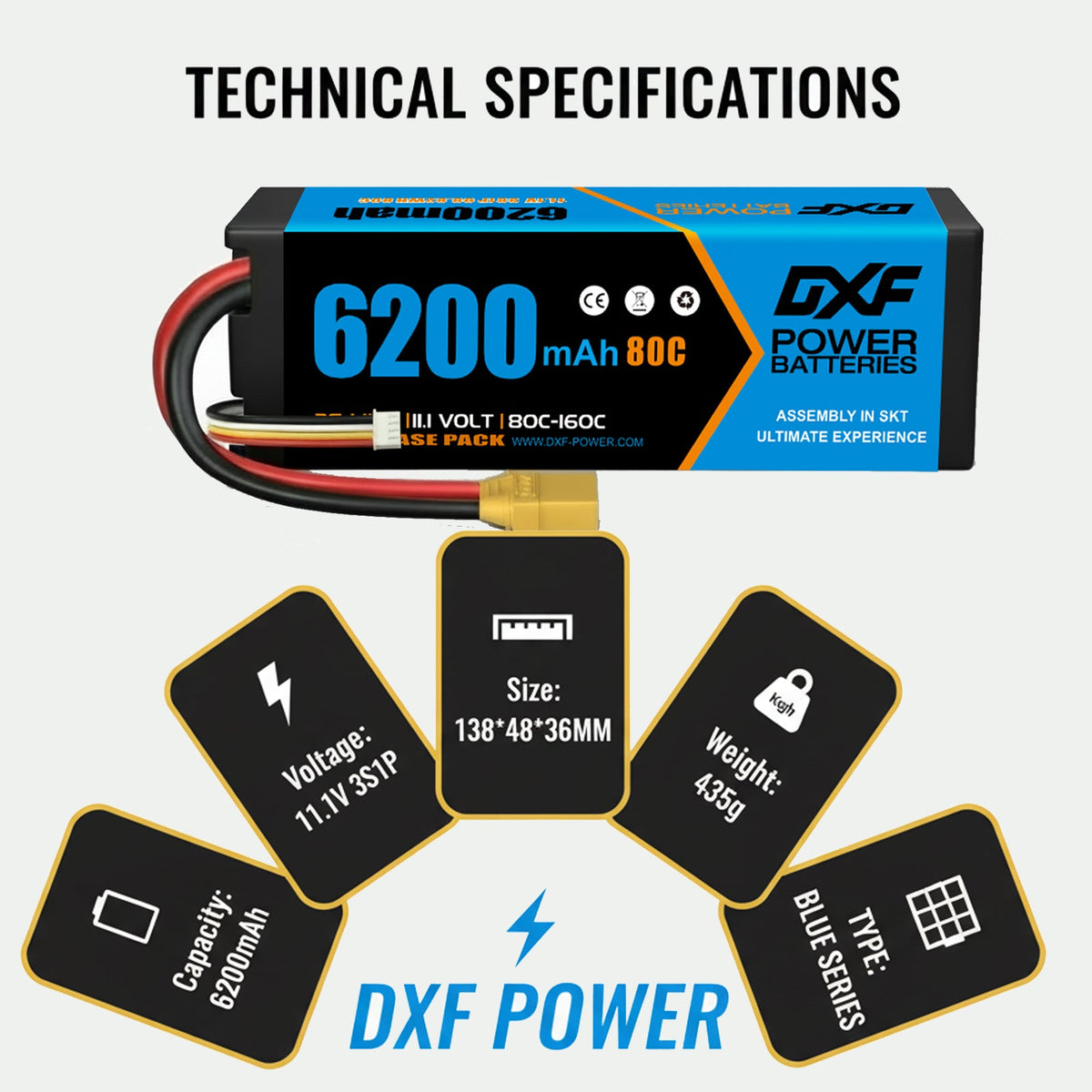 DXF 3S 11.1V 6200mAh 80C Graphene LiPo Hardcase Battery with 10AWG XT90 Plug for 1/8 1/10 RC Car Buggy Truck Boat Drone (1-6 Pack Available)