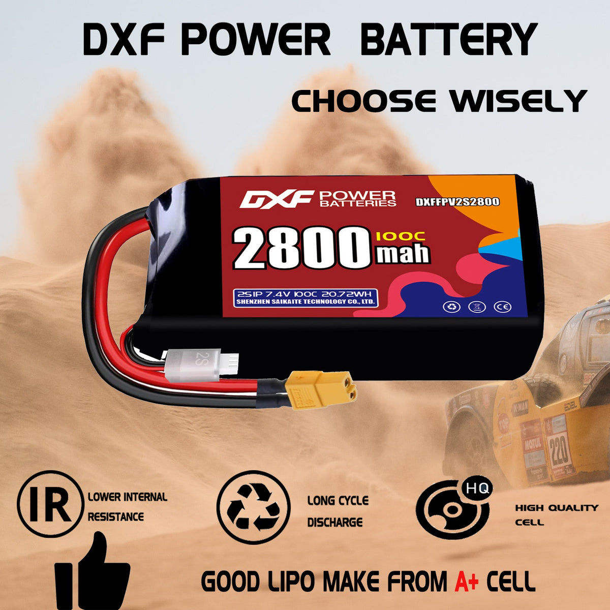 DXF 2S 7.4V 2800mAh 100C LiPo Battery for FPV Micro Drones (PH2.0 / JST / XT30 / SM / XT60 / EC5 / XT90 Options)