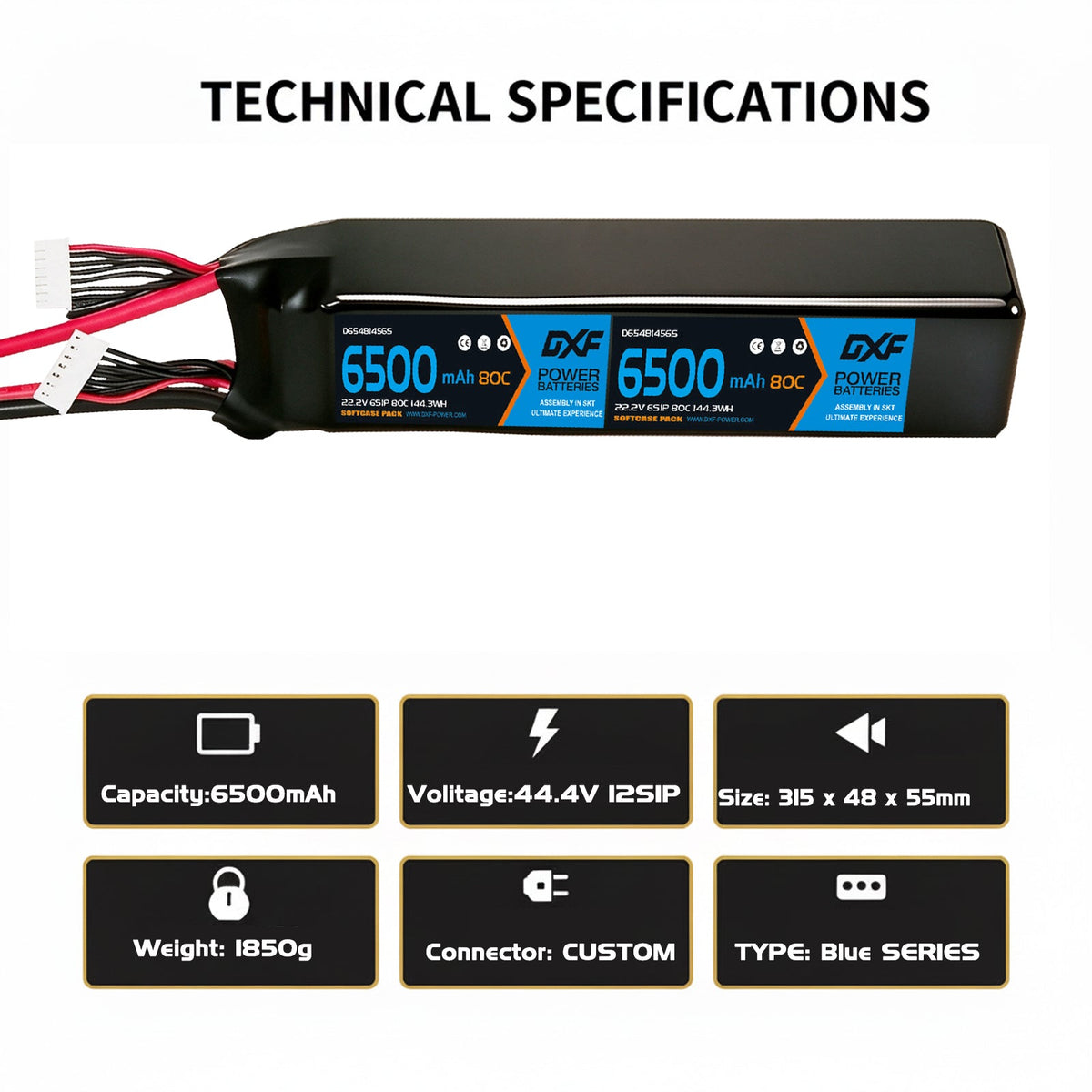 DXF LiPo Battery 12S 44.4V 6500mAh 80C Graphene Softcase Blue with EC5 / T / TRX / XT60 / XT90 / XT150 / Q8s Plug for RC 1/8 1/10 Buggy Truck Car Off-Road Drone
