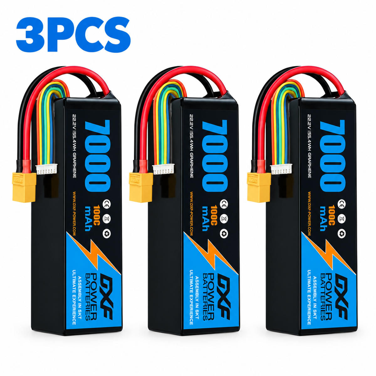 DXF 6S 22.2V 7000mAh 100C Softcase LiPo Battery with XT90 & 10AWG Wire for 1/8 RC Cars (1-6 Pack)