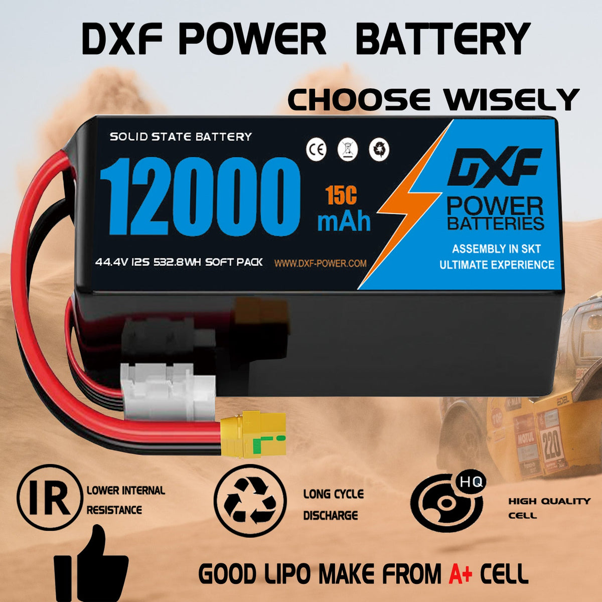 DXF SEMI-SOLID 12S 44.4V 12000mAh 15C Soft Case LiPo Battery with 8AWG Wire for Toy Cars, Boats, UAVs & Drones (1-6 Pack)