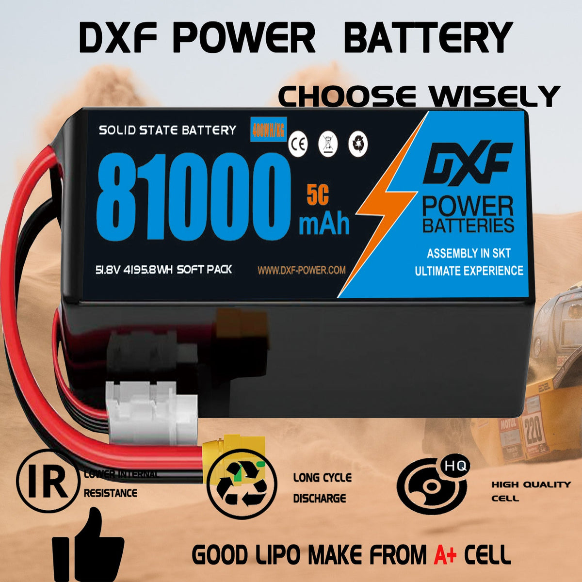 DXF 14S 51.8V 81000mAh 5C Soft Case LiPo Battery with 8AWG Wire for Toy Cars, Boats, UAVs & Drones (1-6 Pack)