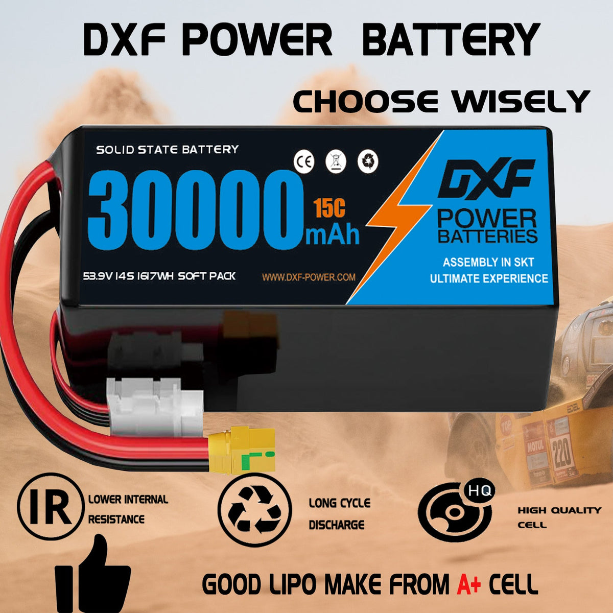 DXF SEMI-SOLID 14S 53.9V 30000mAh 15C Soft Case LiPo Battery with 8AWG Wire for Toy Cars, Boats, UAVs & Drones (1-6 Pack)