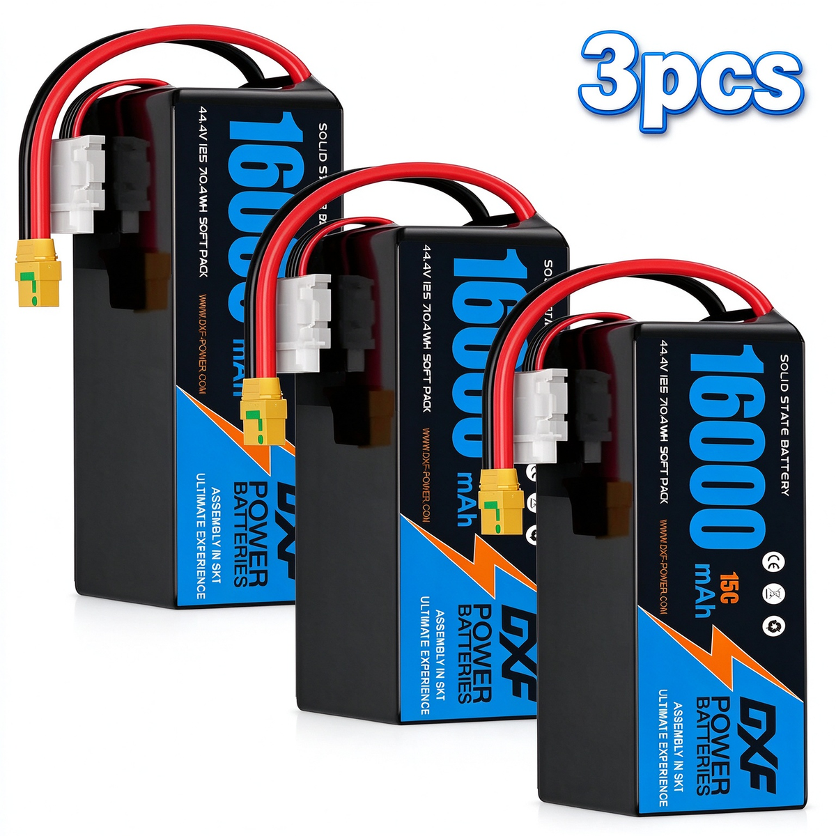 DXF SEMI-SOLID 12S 44.4V 16000mAh 15C Soft Case LiPo Battery with 8AWG Wire for Toy Cars, Boats, UAVs & Drones (1-6 Pack)