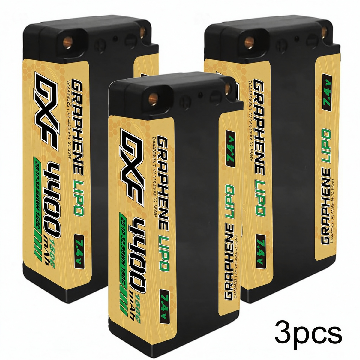 DXF NGP‑PLUS 2S 7.4V 4400mAh 150C Graphene Shorty Hardcase LiPo Battery with 5mm Bullet & Deans T-Plug, BRCA Certified (1-6 Pack)