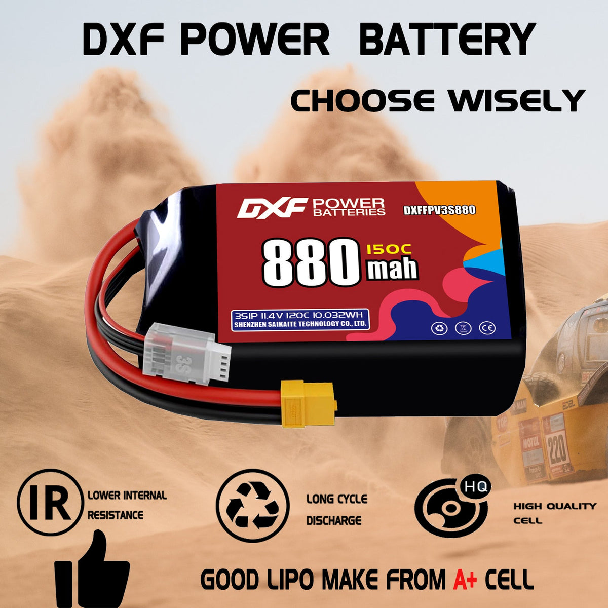 DXF 3S 11.4V 880mAh 150C LiPo Battery for FPV Micro Drones (PH2.0 / JST / XT30 / SM / XT60 / EC5 / XT90 Options)
