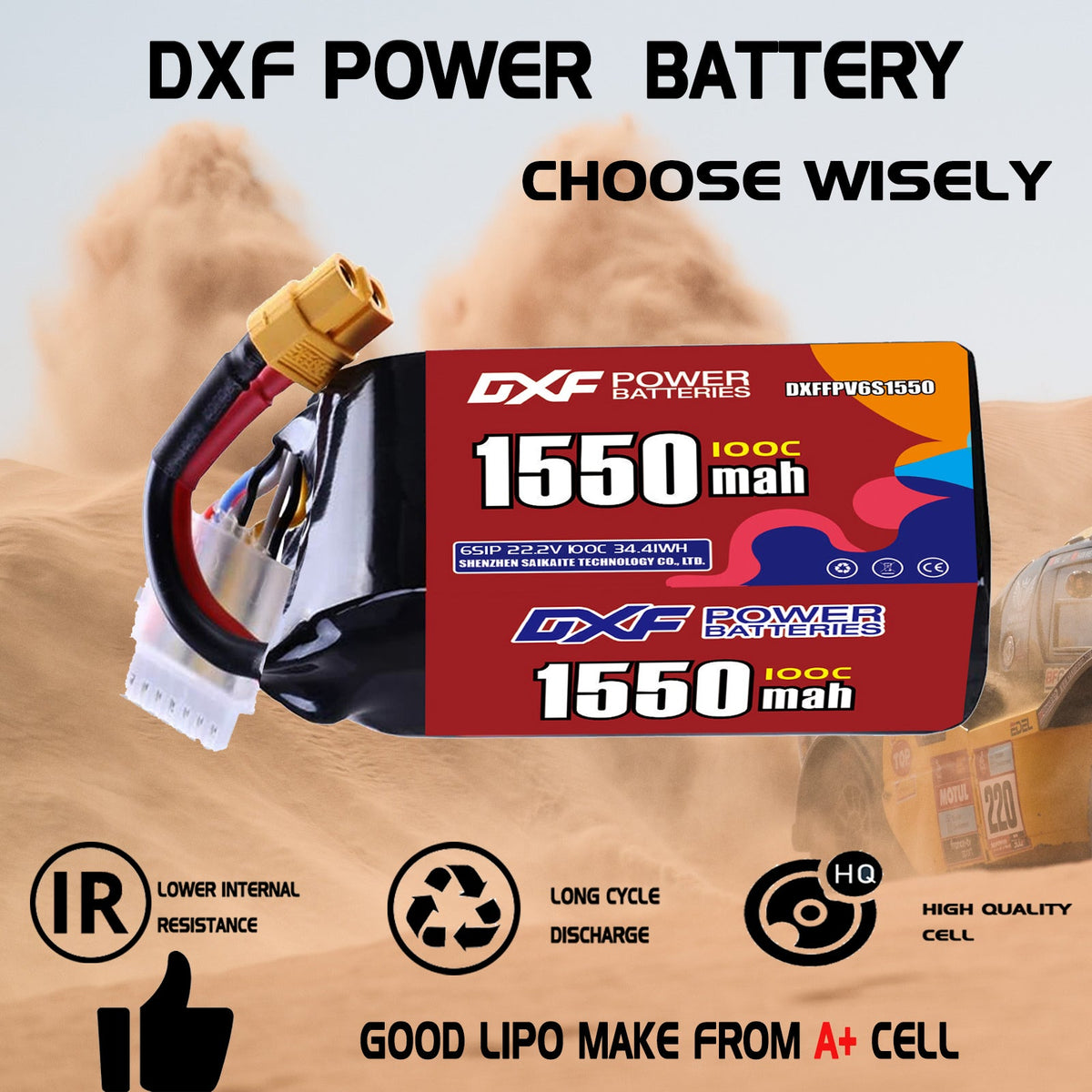 DXF 6S 22.2V 1550mAh 100C LiPo Battery for FPV Micro Drones (PH2.0 / JST / XT30 / SM / XT60 / EC5 / XT90 Options)