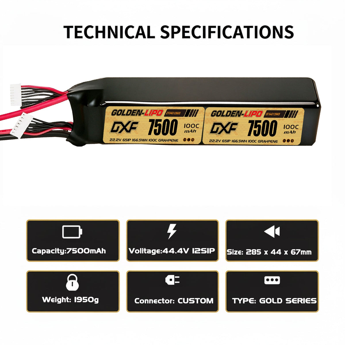 DXF Lipo Battery 12S 44.4V 7500mAh 100C GoldSeries Graphene Softcase with EC5 / T / TRX / XT60 / XT90 / XT150 / Q8s Plug for RC 1/8 1/10 Buggy Truck Car Off-Road Drone