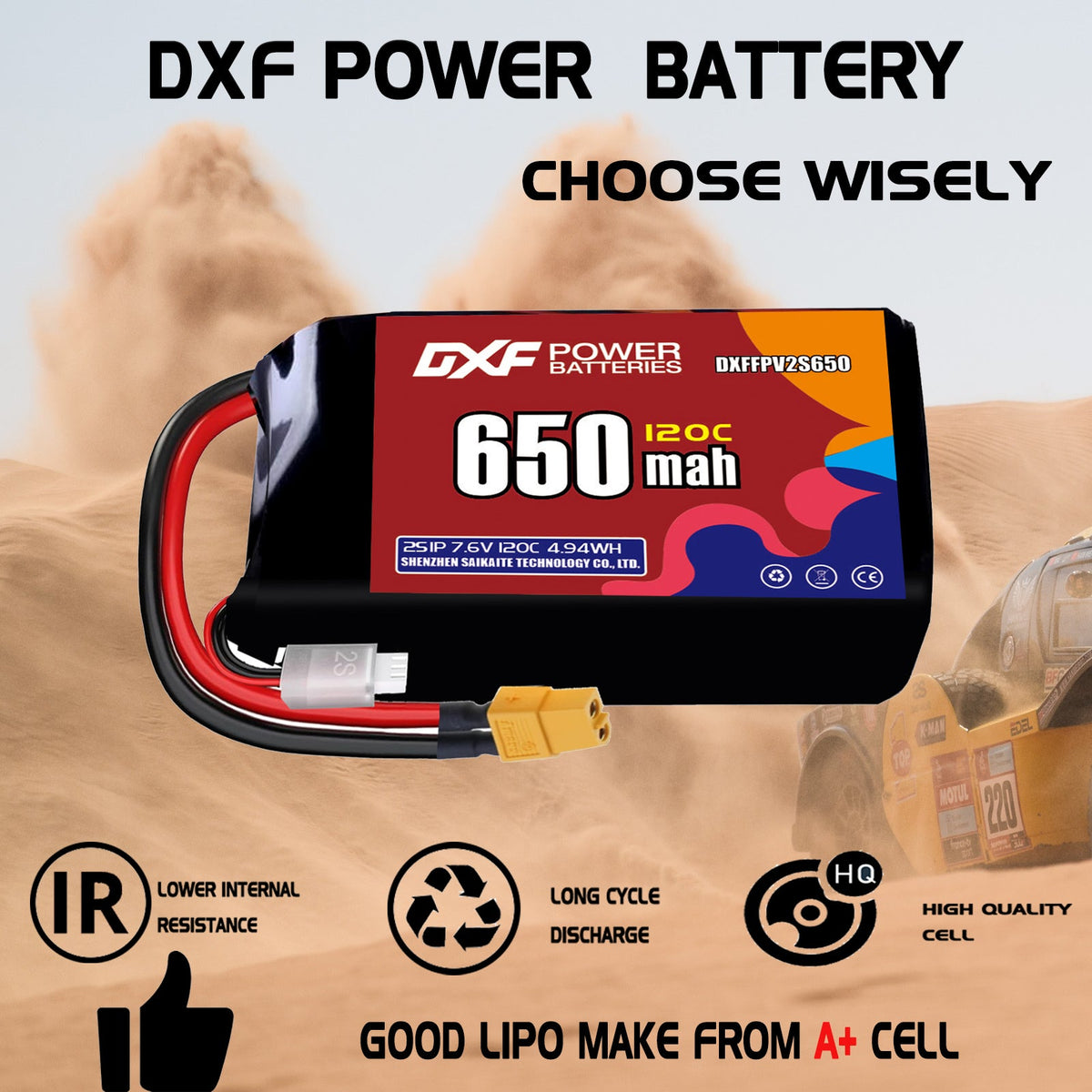 DXF 2S 7.6V 650mAh 150C LiPo Battery for FPV Micro Drones (PH2.0 / JST / XT30 / SM / XT60 / EC5 / XT90 Options)