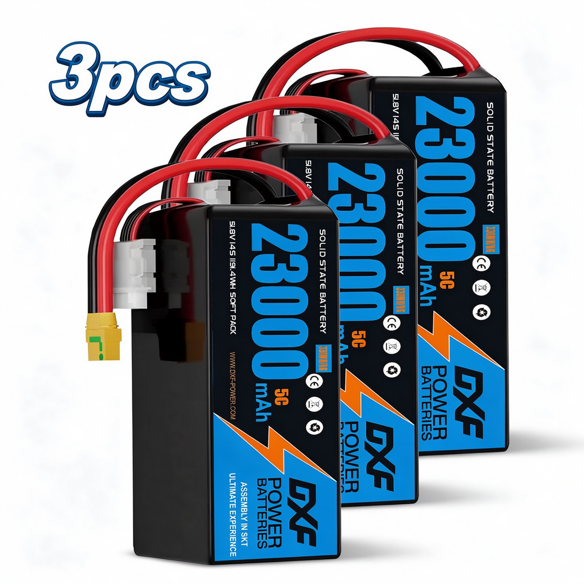 DXF SEMI-SOLID 14S 51.8V 23000mAh 5C Soft Case LiPo Battery with 8AWG Wire for UAVs & Drones (1-6 Pack)