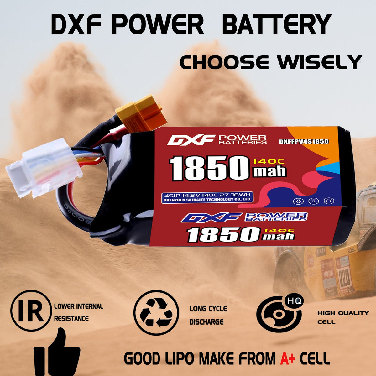 DXF 4S 14.8V 1850mAh 140C LiPo Battery for FPV Micro Drones (PH2.0 / JST / XT30 / SM / XT60 / EC5 / XT90 Options)