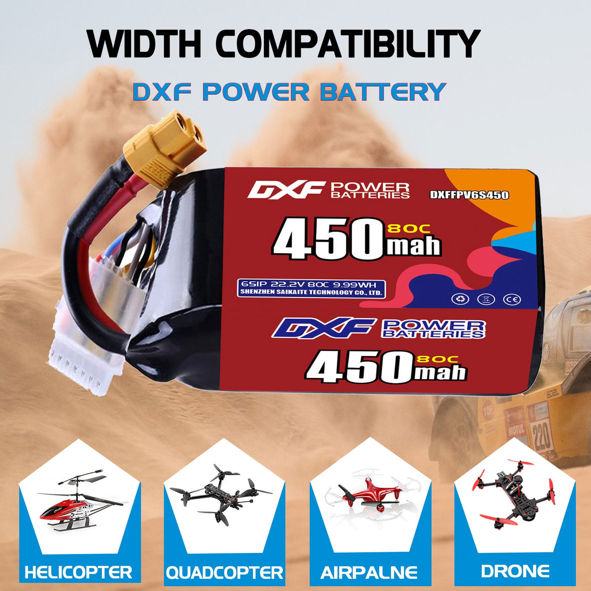DXF LiPo Battery 6S 22.2V 450mAh 80C  PH2.0 / JST / XT30 / SM / XT60 / EC5 / XT90 for FPV Drone Whoop Micro Racing