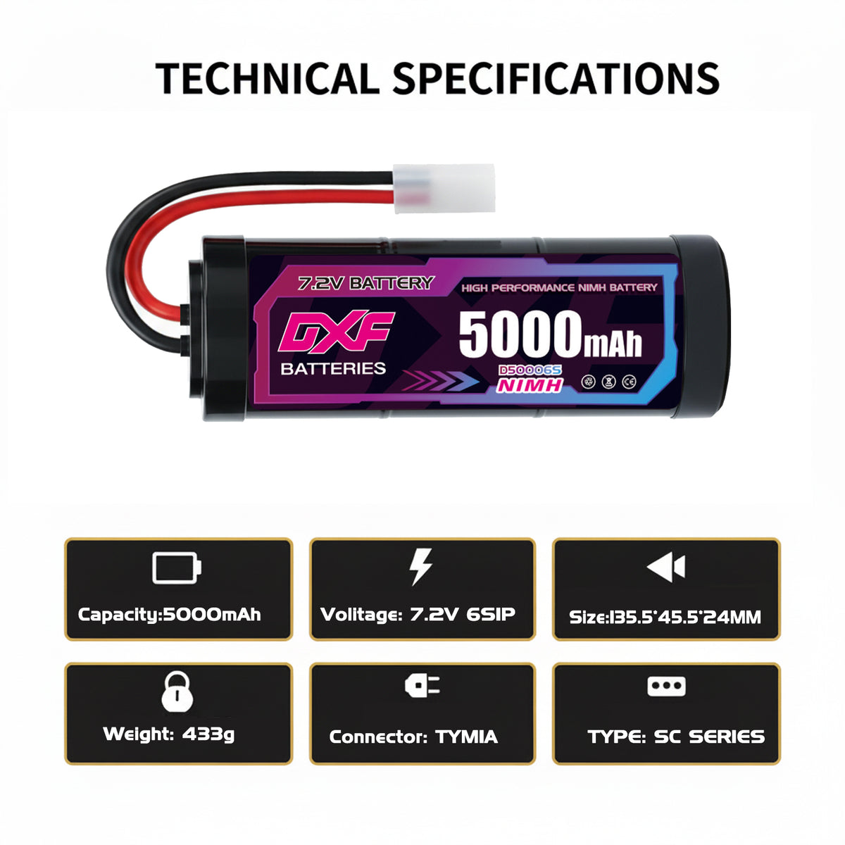 DXF NiMH SC Battery 6S 7.2V 5000mAh with Tamiya / EC3 / T-Plug / XT60 Connector for RC 1/10 Car Truck Buggy