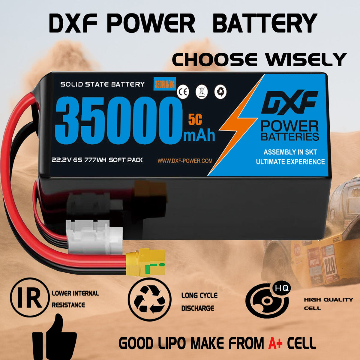 DXF 6S 22.2V 35000mAh 5C Soft Case LiPo Battery with 8AWG Wire for Toy Cars, Boats, UAVs & Drones (1-6 Pack)