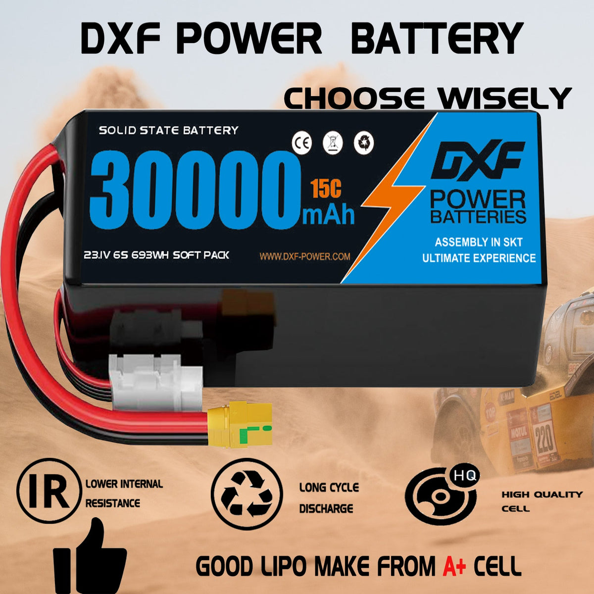 DXF 6S 23.1V 30000mAh 15C Soft Case LiPo Battery with 8AWG Wire for Toy Cars, Boats, UAVs & Drones (1-6 Pack)