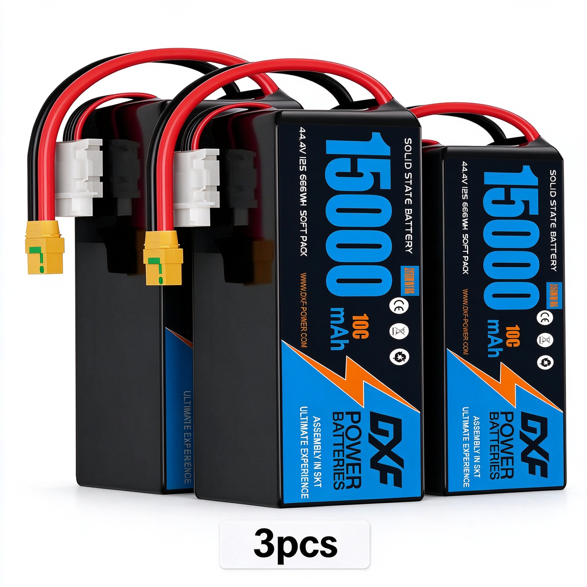 DXF SEMI-SOLID 12S 44.4V 15000mAh 10C Soft Case LiPo Battery with 8AWG Wire for UAVs & Drones (1-6 Pack)