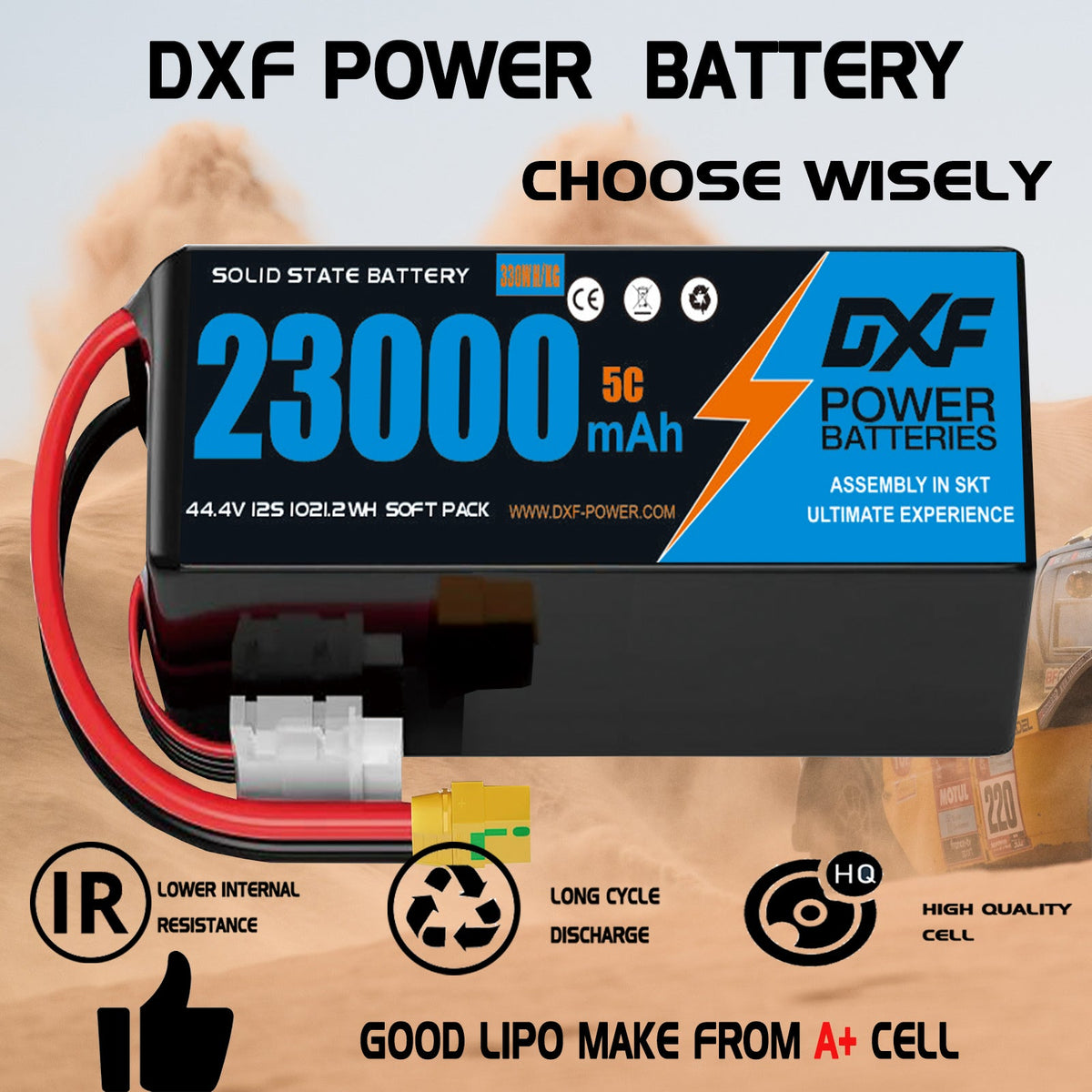 DXF SEMI-SOLID 12S 44.4V 23000mAh 5C Soft Case LiPo Battery with 8AWG Wire for UAVs & Drones (1-6 Pack)