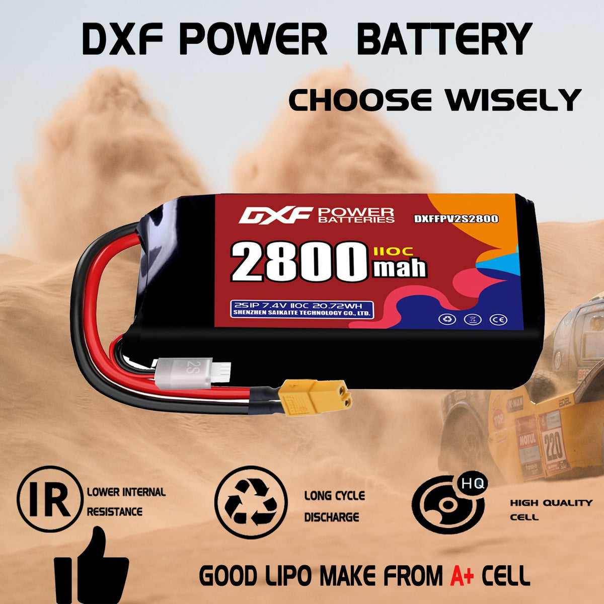 DXF LiPo Battery 2S 7.4V 2800mAh 110C with PH2.0 / JST / XT30 / SM / XT60 / EC5 / XT90 for FPV Drone Whoop Micro Racing