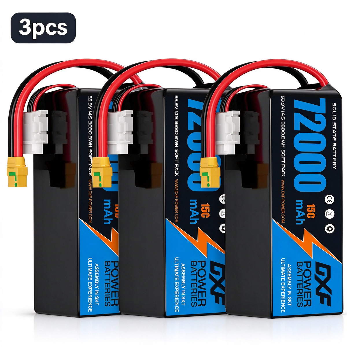 DXF SEMI-SOLID 14S 53.9V 72000mAh 15C Soft Case LiPo Battery with 8AWG Wire for Toy Cars, Boats, UAVs & Drones (1-6 Pack)