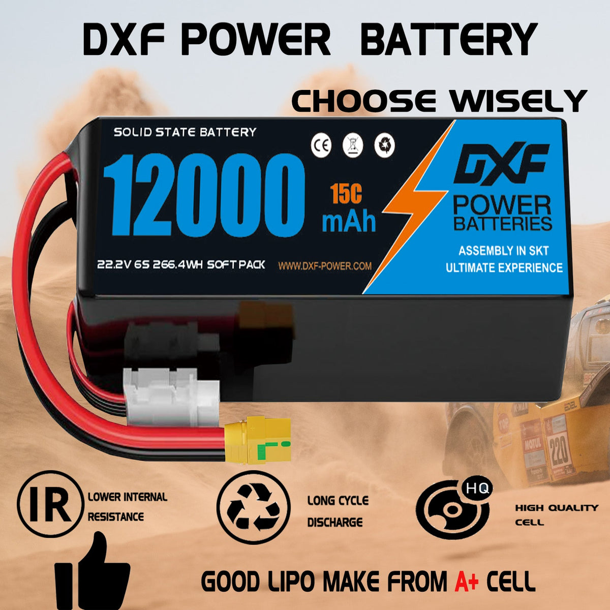 DXF 6S 22.2V 12000mAh 15C Soft Case LiPo Battery with 8AWG Wire for Toy Cars, Boats, UAVs & Drones (1-6 Pack)