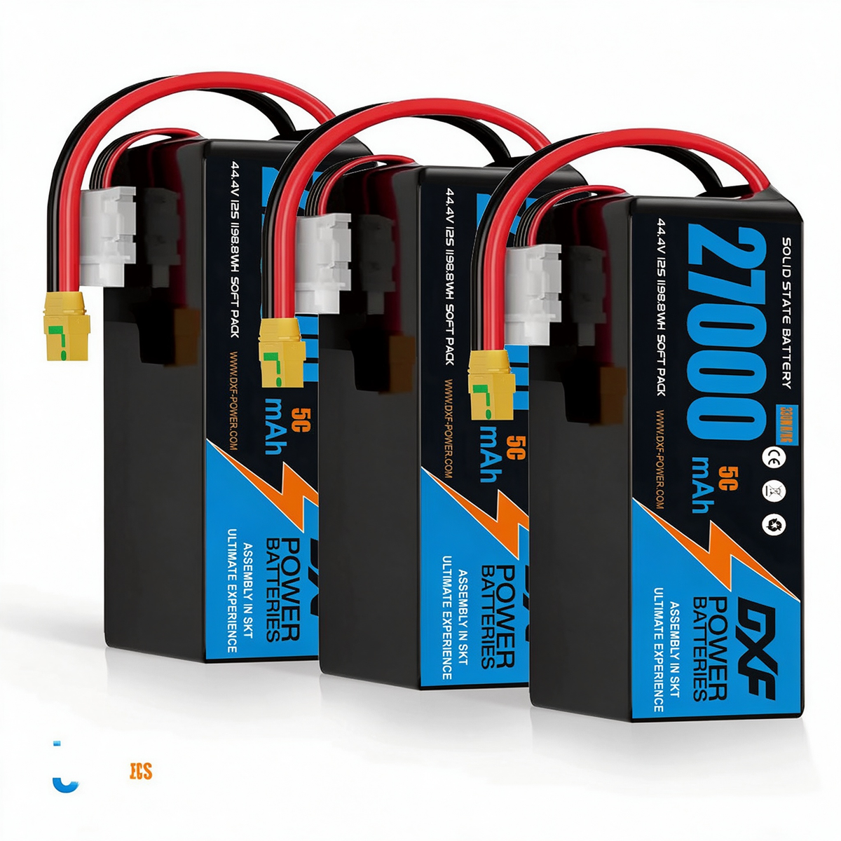 DXF SEMI-SOLID 12S 44.4V 27000mAh 5C Soft Case LiPo Battery with 8AWG Wire for UAVs & Drones (1-6 Pack)