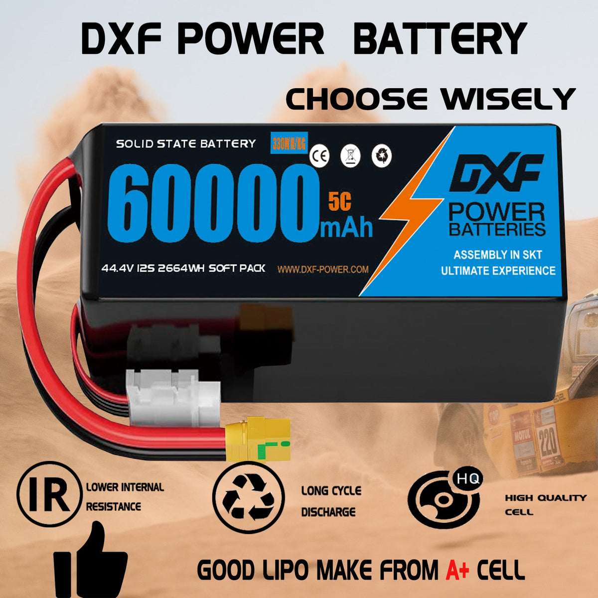 DXF SEMI-SOLID 12S 44.4V 60000mAh 5C Soft Case LiPo Battery with 8AWG Wire for Toy Cars, Boats, UAVs & Drones (1-6 Pack)
