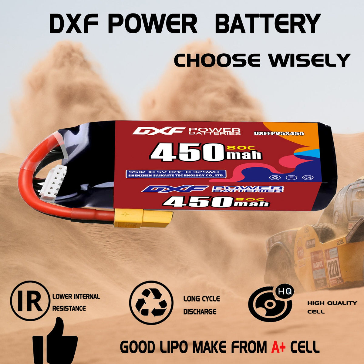 DXF LiPo Battery 5S 18.5V 450mAh 80C with PH2.0 / JST / XT30 / SM / XT60 / EC5 / XT90 for FPV Drone Whoop Micro Racing