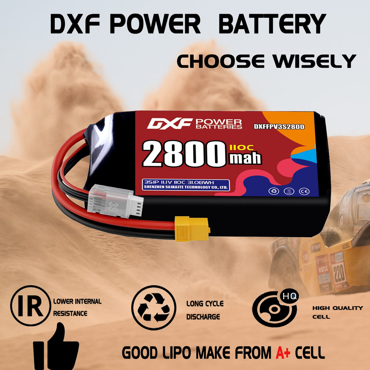DXF LiPo Battery 3S 11.1V 2800mAh 110C with PH2.0 / JST / XT30 / SM / XT60 / EC5 / XT90 for FPV Drone Whoop Micro Racing