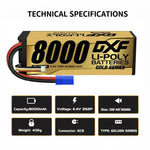 DXF 3S 11.4V 8000mAh 140C Graphene Hardcase LiPo Battery with EC5 Plug for 1/8 1/10 RC Cars, Trucks, Buggies (1-6 Pack Available)