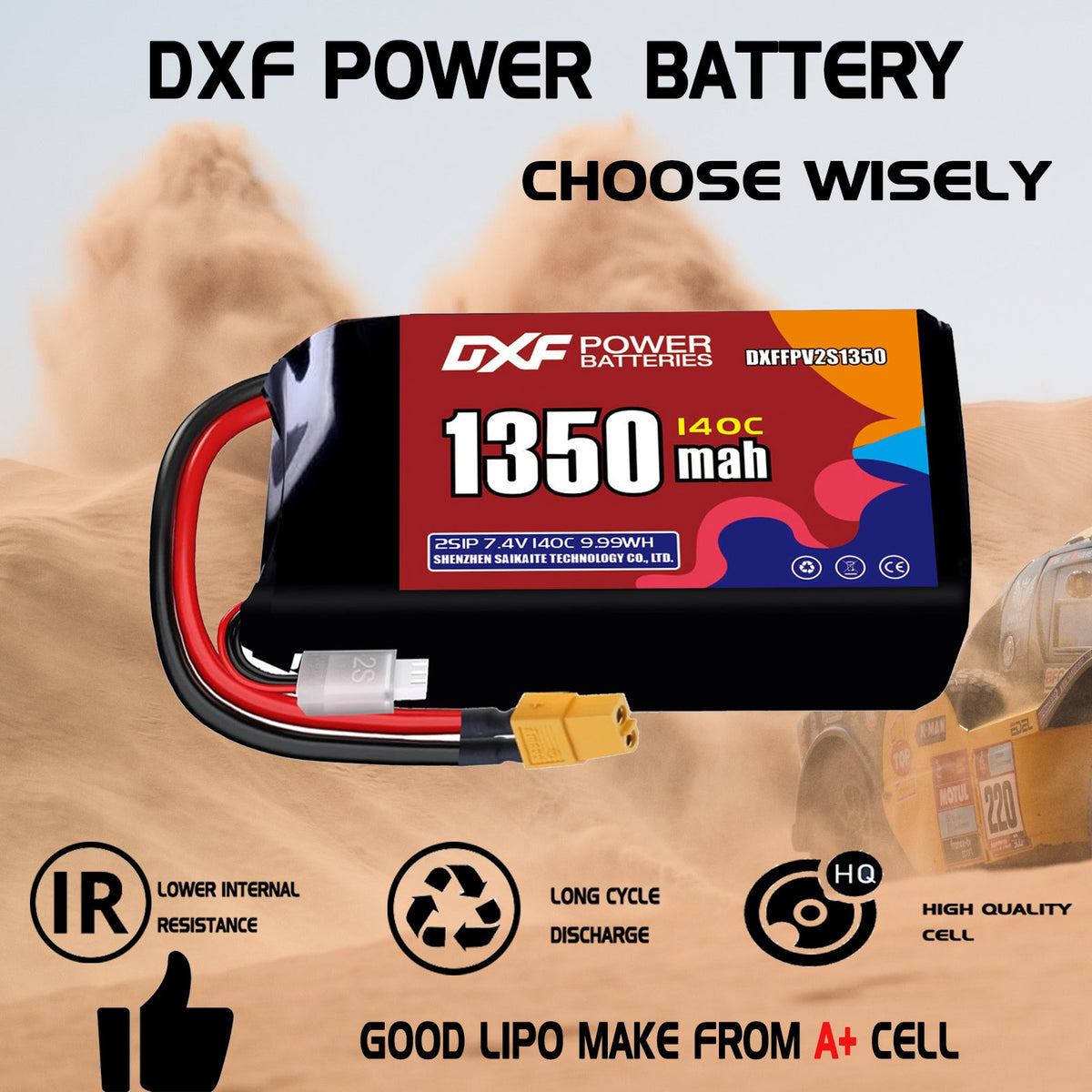 DXF 2S 7.4V 1350mAh 140C LiPo Battery for FPV Micro Drones (PH2.0 / JST / XT30 / SM / XT60 / EC5 / XT90 Options)