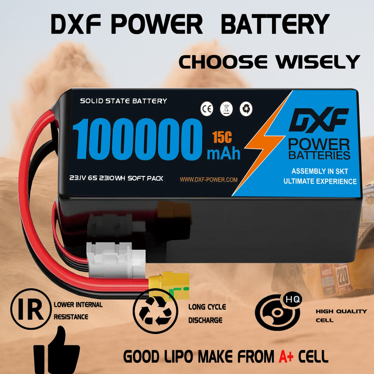 DXF 6S 23.1V 100000mAh 15C Soft Case LiHV Battery with 8AWG Wire for Toy Cars, Boats, UAVs & Drones (1-6 Pack)