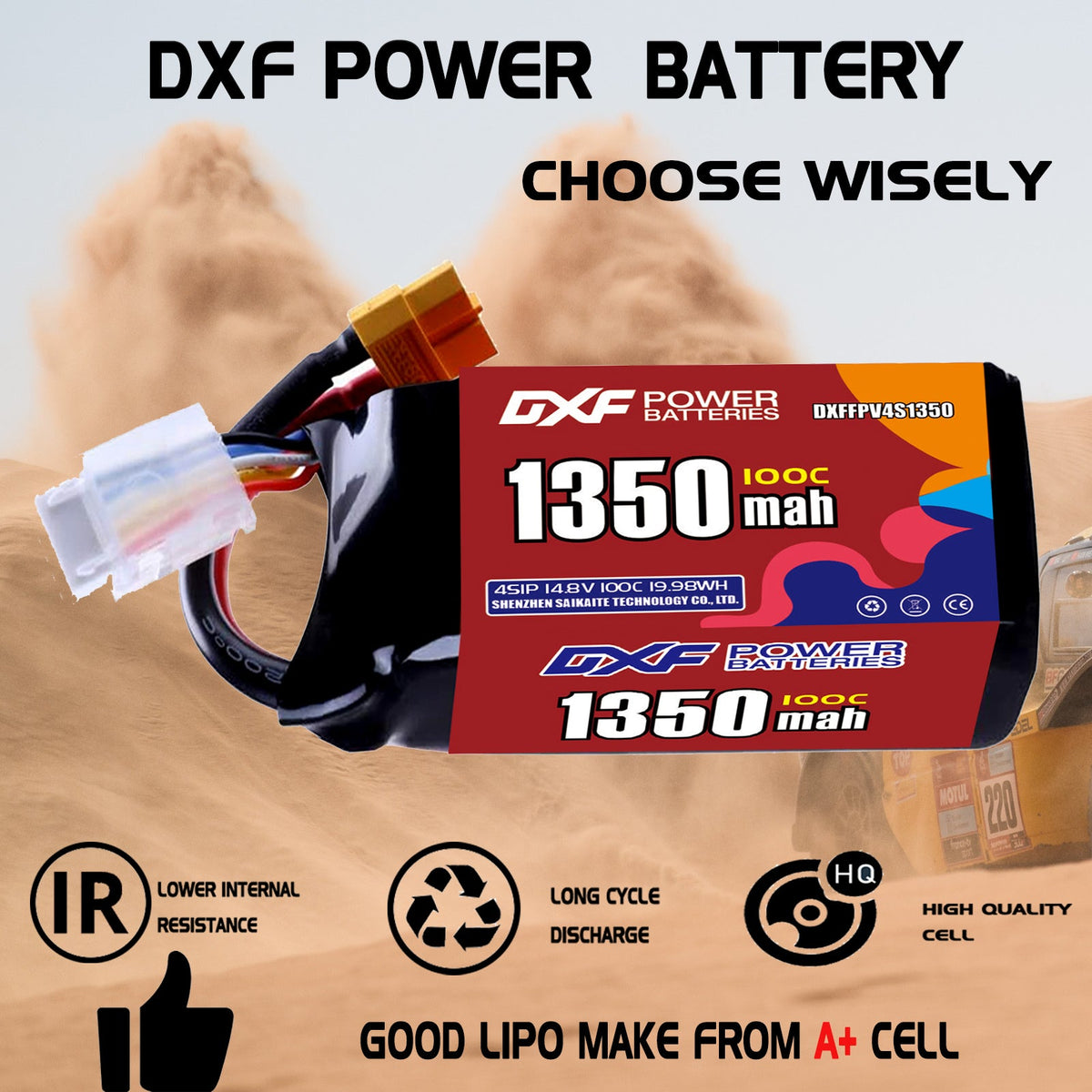 DXF LiPo Battery 4S 14.8V 1350mAh 100C with PH2.0 / JST / XT30 / SM / XT60 / EC5 / XT90 for FPV Drone Whoop Micro Racing