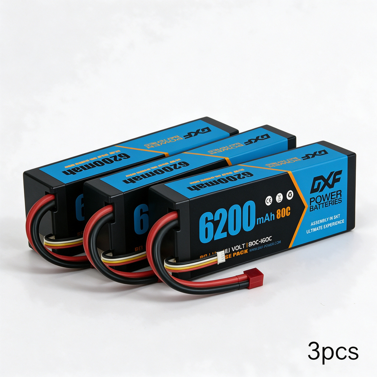 DXF 3S 11.1V 6200mAh 80C Graphene Hardcase LiPo Battery with Deans/T-Plug & 10AWG Wire (1-6 Pack)