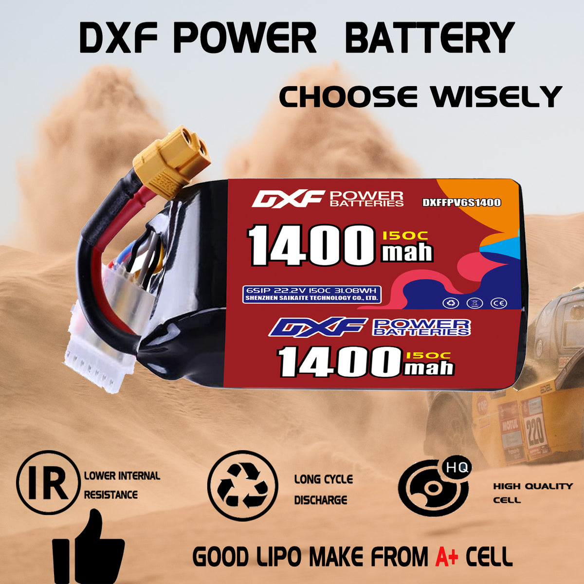 DXF 6S 22.2V 1400mAh 150C LiPo Battery for FPV Micro Drones (PH2.0 / JST / XT30 / SM / XT60 / EC5 / XT90 Options)