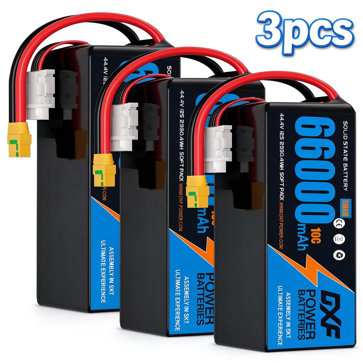DXF SEMI-SOLID 12S 44.4V 66000mAh 10C Soft Case LiPo Battery with 8AWG Wire for Toy Cars, Boats, UAVs & Drones (1-6 Pack)