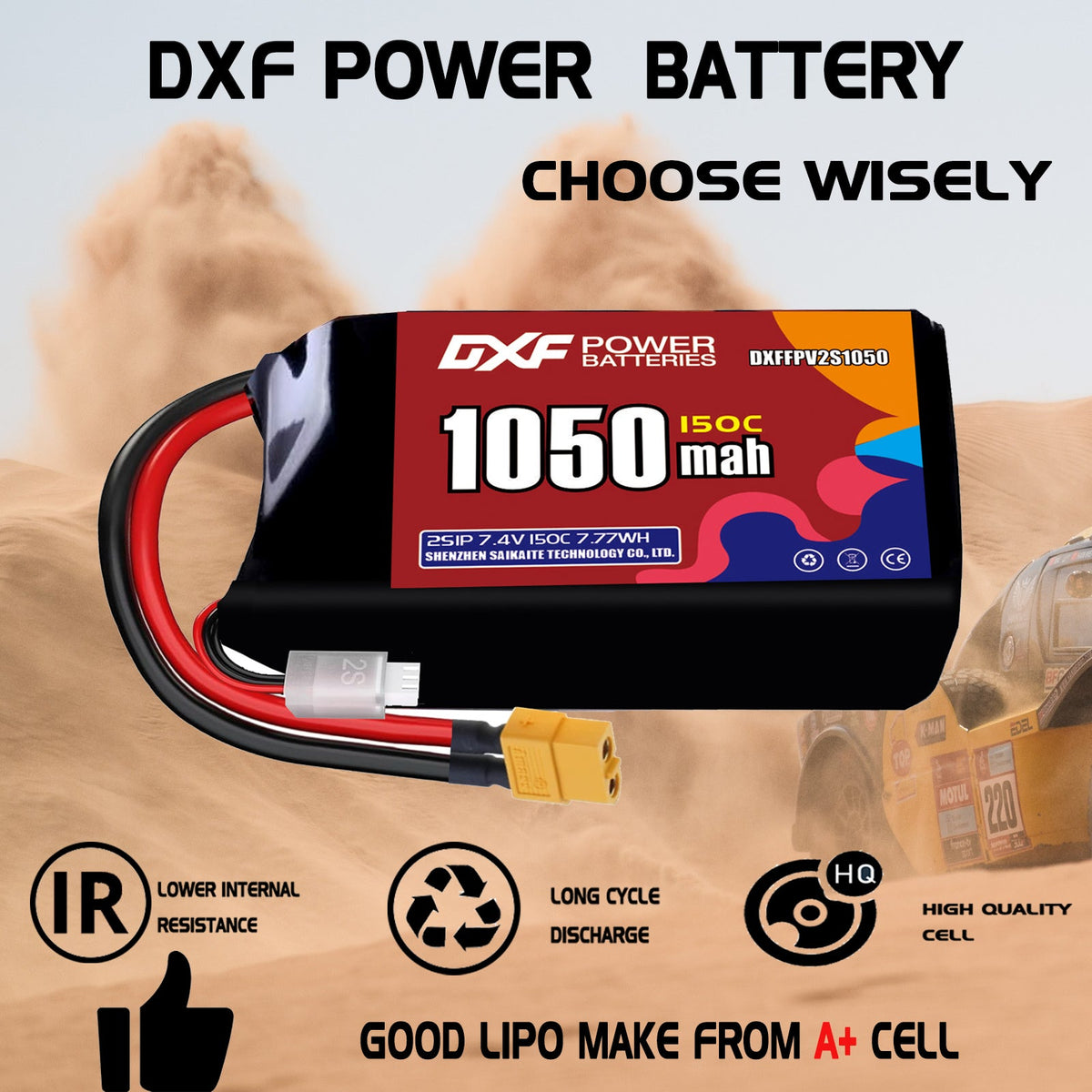 DXF 2S 7.4V 1050mAh 150C LiPo Battery for FPV Micro Drones (PH2.0 / JST / XT30 / SM / XT60 / EC5 / XT90 Options)