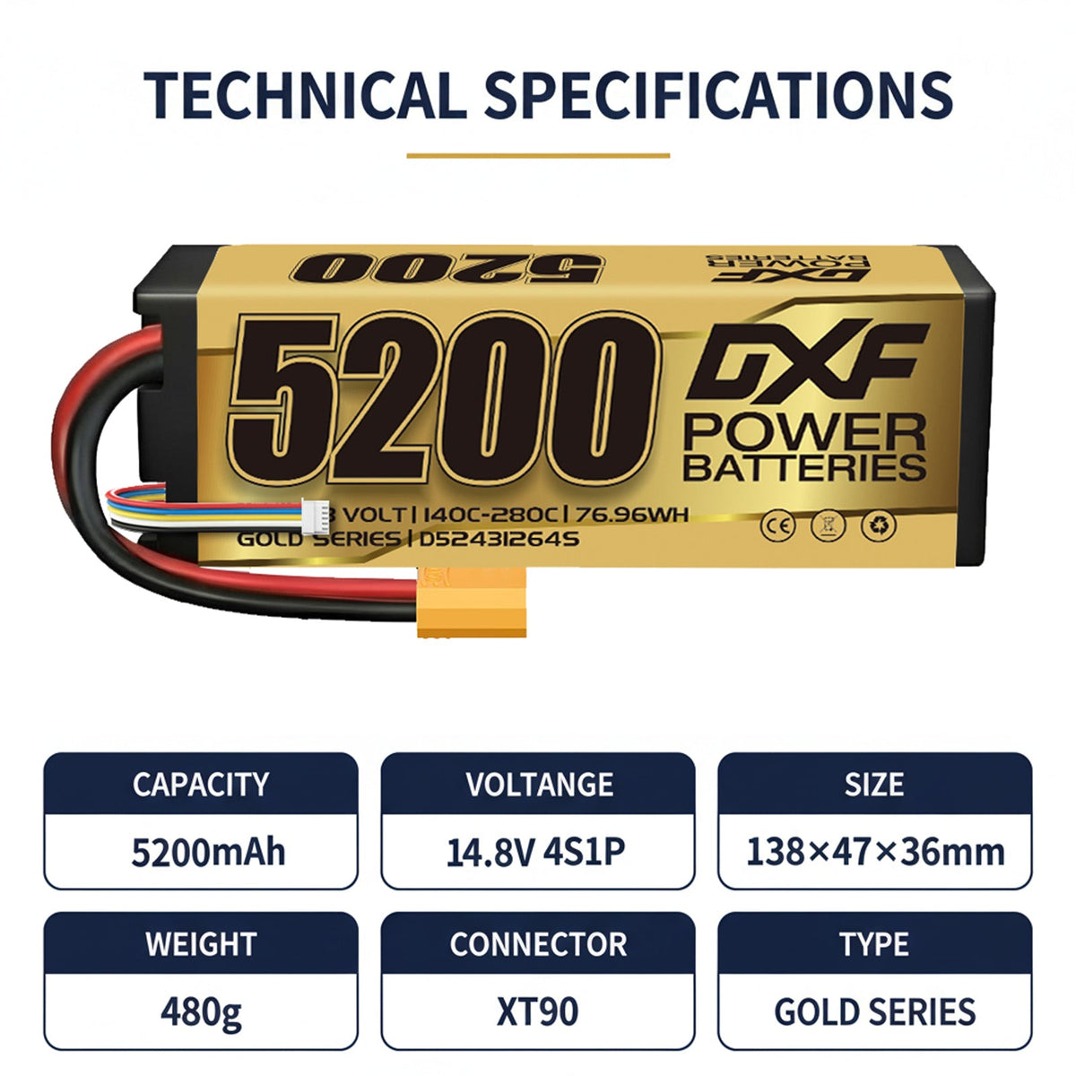 DXF LiPo Battery 4S 14.8V 5200mAh 140C Graphene Hardcase with EC5 / T / TRX / XT60 / XT90 / XT150 / Q8s Plug for RC 1/8 1/10 Buggy Truck Car Off-Road Drone