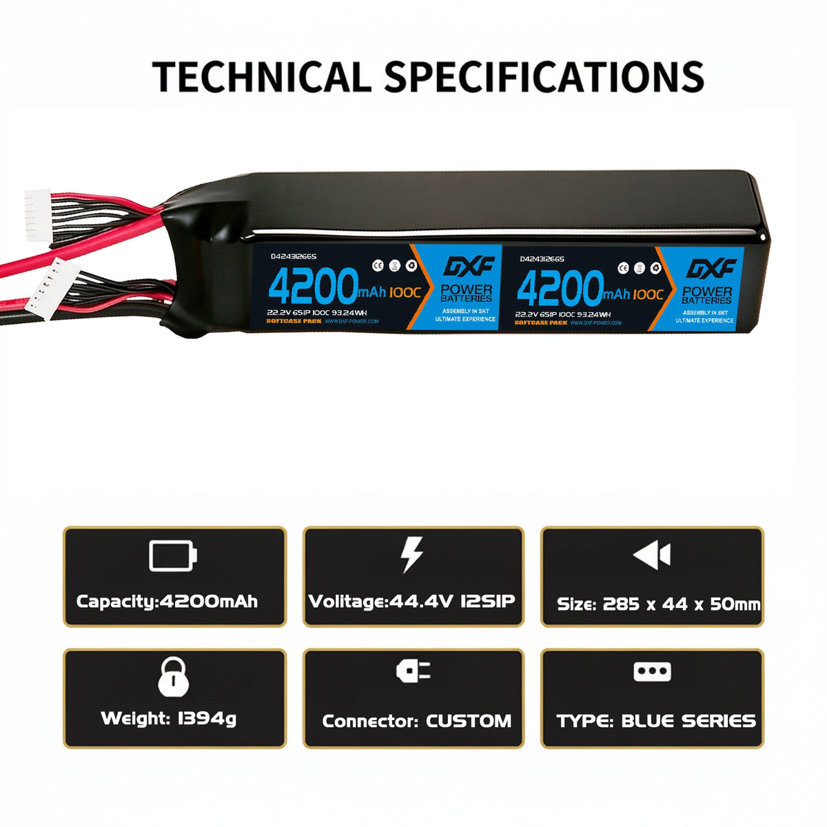 DXF LiPo Battery 12S 44.4V 4200mAh 100C Graphene Softcase Blue with EC5 / T / TRX / XT60 / XT90 / XT150 / Q8s Plug for RC 1/8 1/10 Buggy Truck Car Off-Road Drone