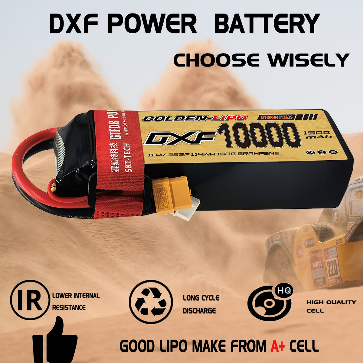 DXF Lipo Battery 3S HV 11.4V 10000mAh 150C GoldSeries Graphene Softcase with EC5 / T / TRX / XT60 / XT90 / XT150 / Q8s Plug for RC 1/8 1/10 Buggy Truck Car Off-Road Drone