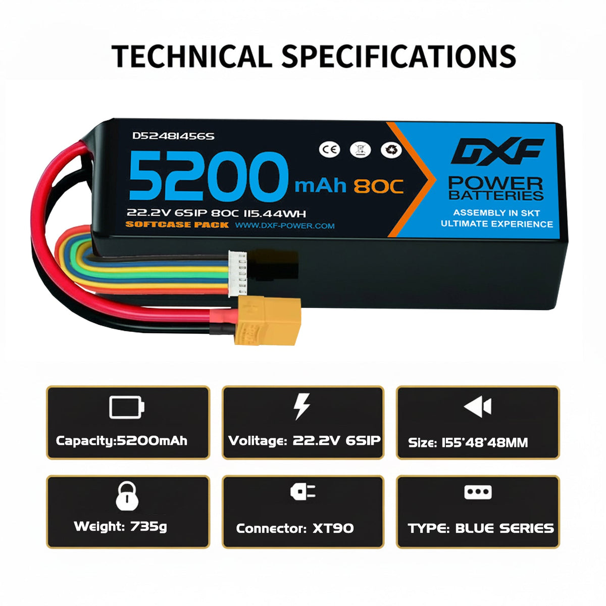 DXF Lipo Battery 6S 22.2V 5200mAh 80C Graphene Softcase with EC5 / T / TRX / XT60 / XT90 / XT150 / Q8s Plug for RC 1/8 1/10 Buggy Truck Car Off-Road Drone